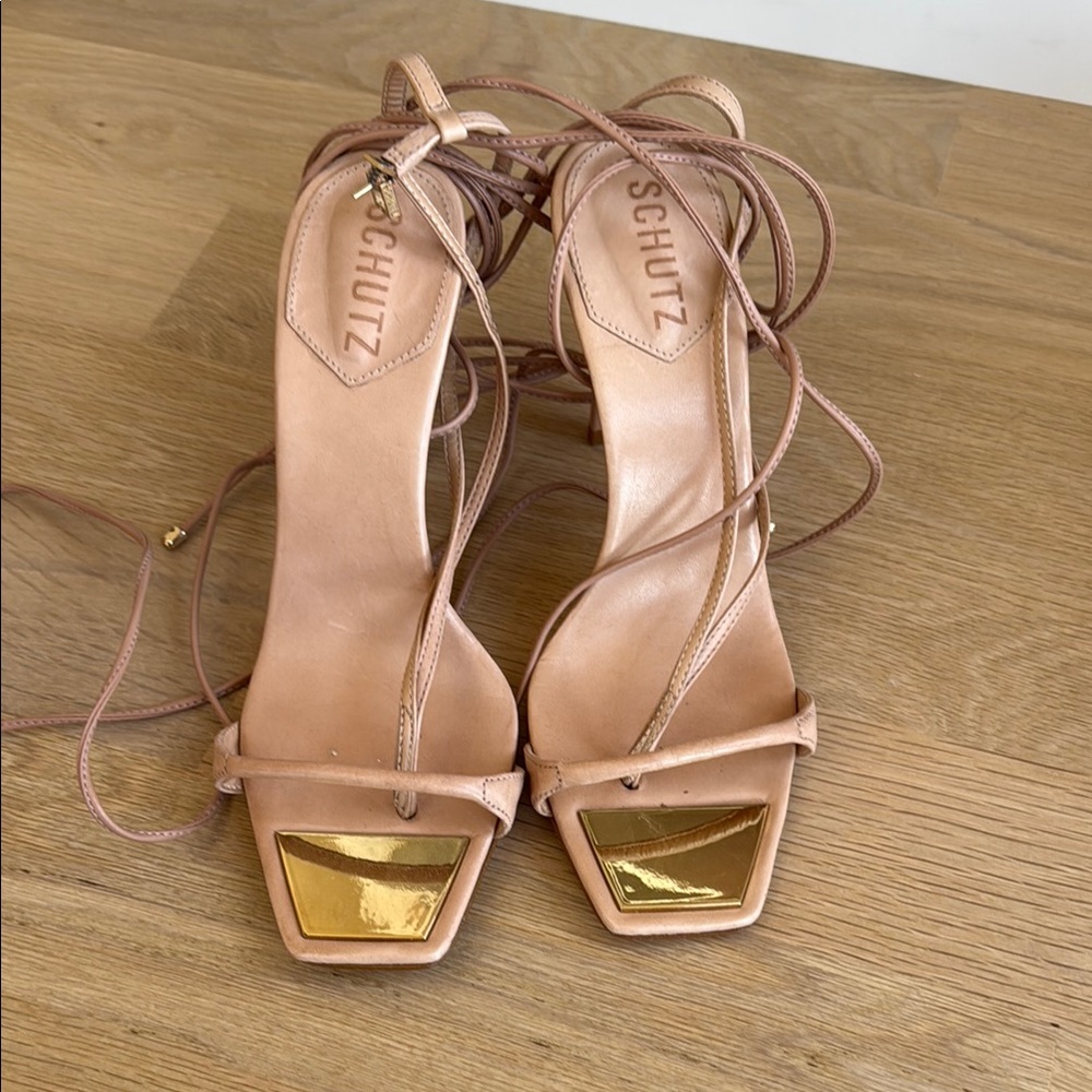 SCHUTZ Nude Strappy Heels with Gold Detail